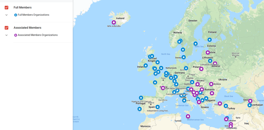 Localisation des organisations membres de l’Enil à travers l’Europe. Capture d’écran Enil.eu / Google Maps
